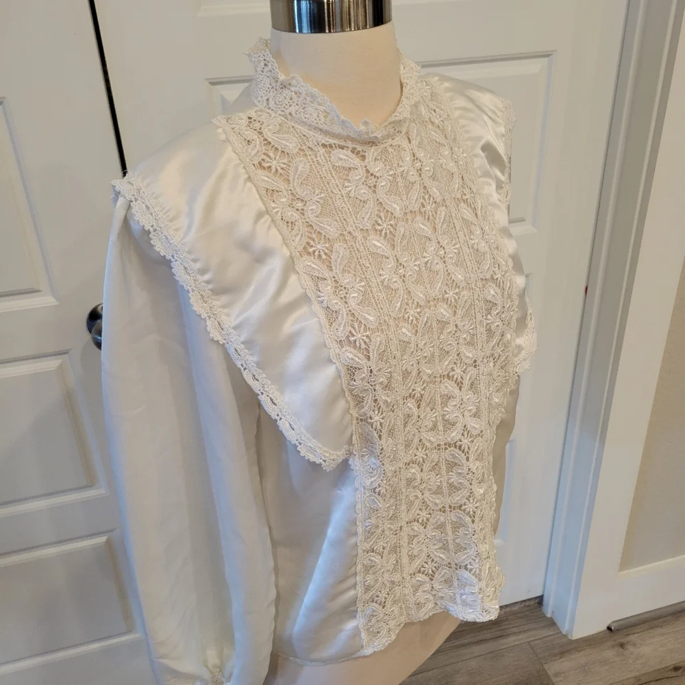 SAN ANDRE VINTAGE 80S VICTORIAN CREAM BLOUSE NEO EDWARDIAN LACY BLOUSE Size 10 - Picture 10 of 15